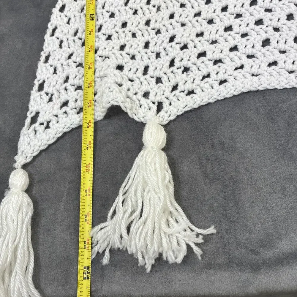 White Ivory Striped Fringed Hand Crochet Couch Throw Lap Blanket Afghan 78x55